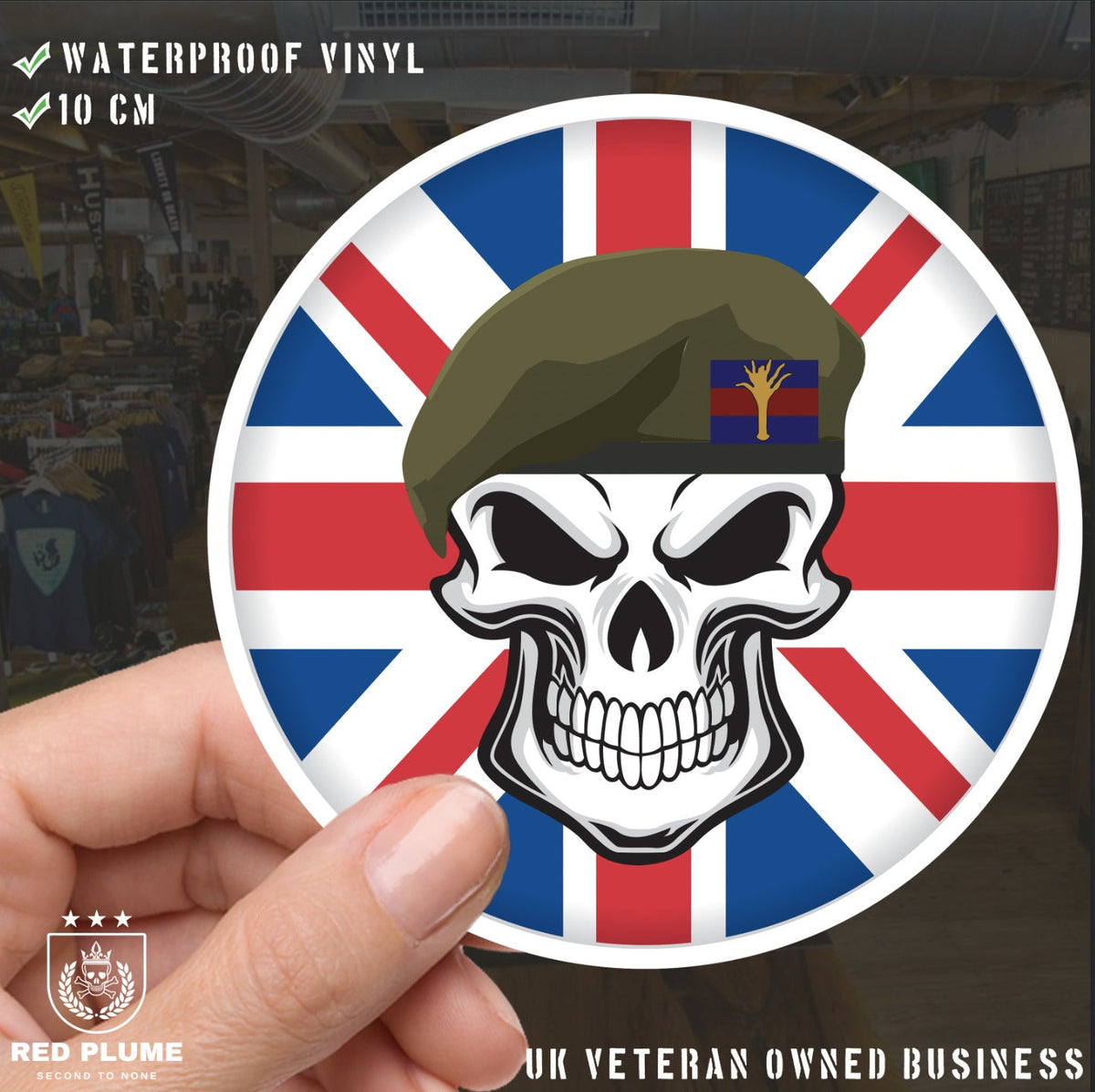 Skull with Welsh Guards Beret UJ Vinyl Sticker - 10cm redplume
