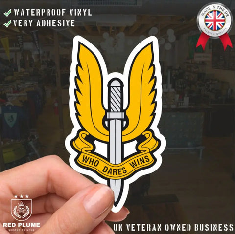 Special Air Service (SAS) Winged Dagger Cap Badge Waterproof Vinyl Stickers - Red Plume