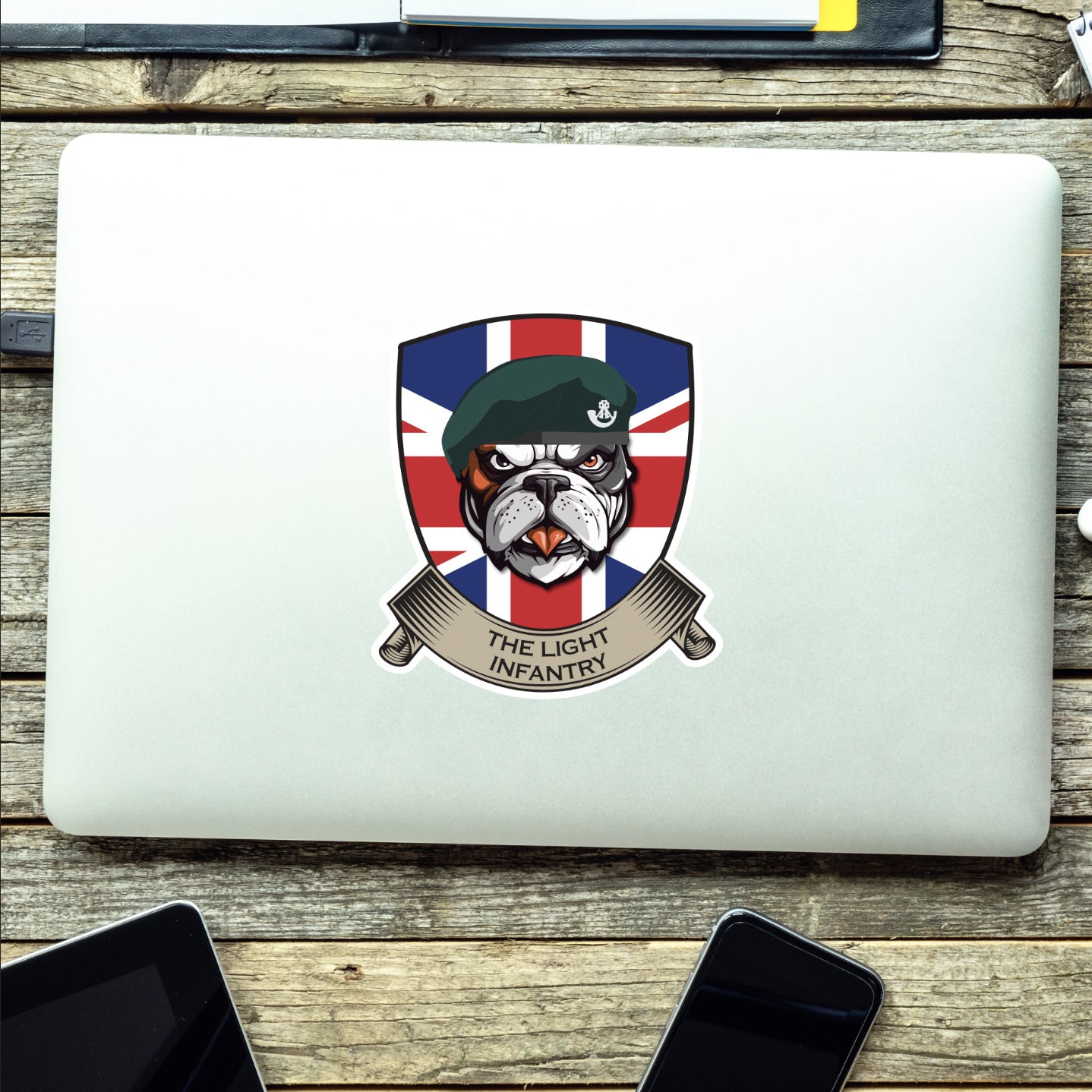 The Light Infantry British Bulldog and Union Jack Shield Vinyl Sticker - 10cm redplume