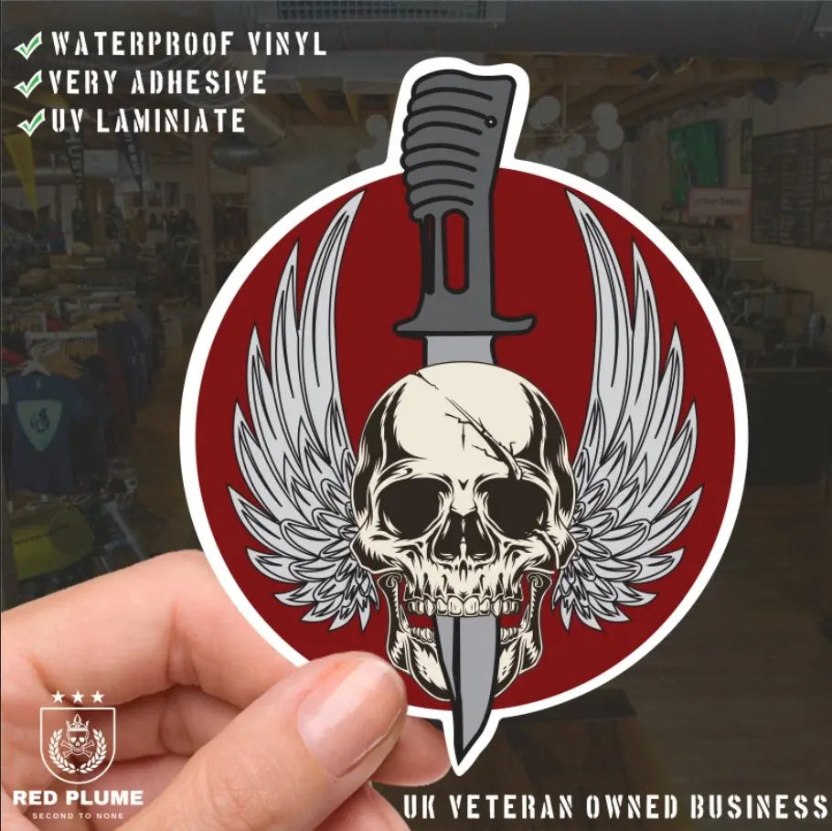 Waterproof Vinyl Parachute Regiment Sticker - Winged Skull - Red Plume