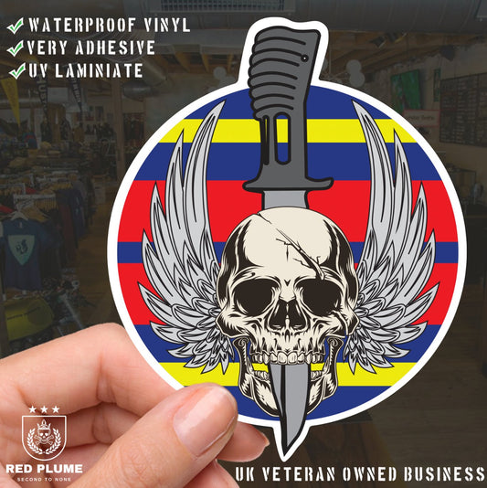 Waterproof Vinyl Royal Logistics Corps (RLC) Sticker - Winged Skull - Red Plume