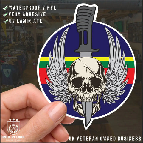 Waterproof Vinyl Royal Marines Sticker - Winged Skull - Red Plume