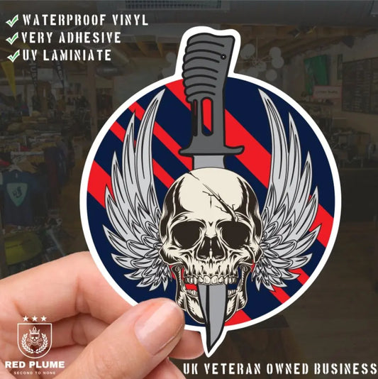 Waterproof Vinyl Royal Military Police (RMP) Sticker - Winged Skull - Red Plume