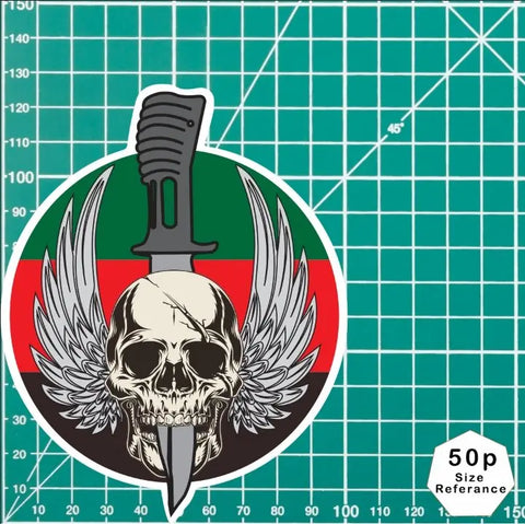 Waterproof Vinyl Royal Tank Regiment (RTR) Sticker - Winged Skull - Red Plume