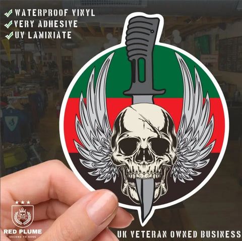 Waterproof Vinyl Royal Tank Regiment (RTR) Sticker - Winged Skull - Red Plume
